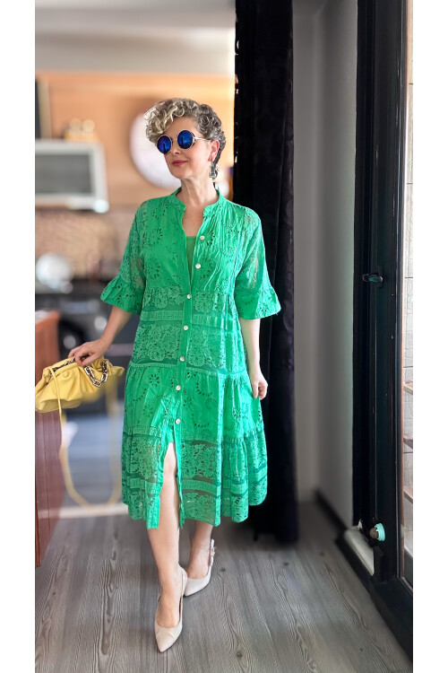 Nessi İtalyan Brode Gömlek Elbise Yeşil