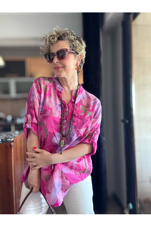 Netti Zambak Desen İtalyan Gömlek Fuşya