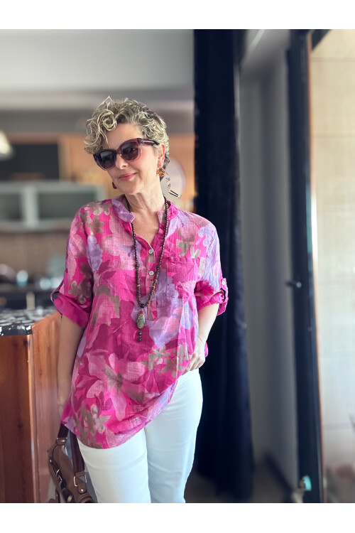 Netti Zambak Desen İtalyan Gömlek Fuşya