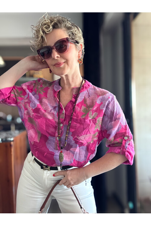 Netti Zambak Desen İtalyan Gömlek Fuşya