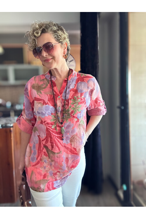 Netti Zambak Desen İtalyan Gömlek Mercan