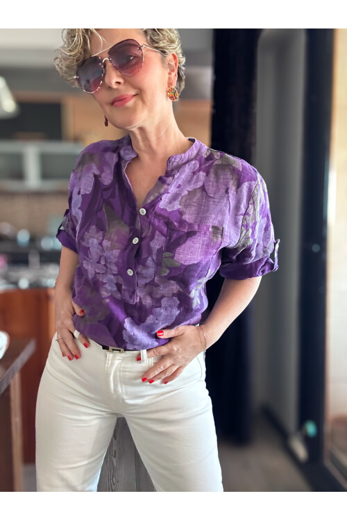 Netti Zambak Desen İtalyan Gömlek Mor