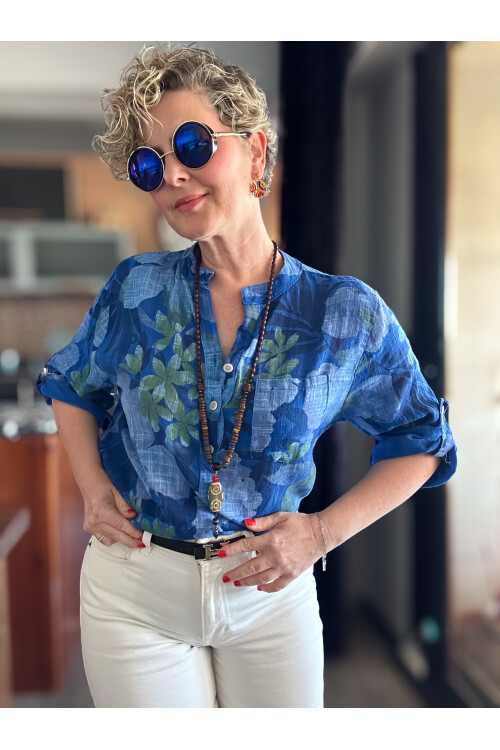 Netti Zambak Desen İtalyan Gömlek Saks