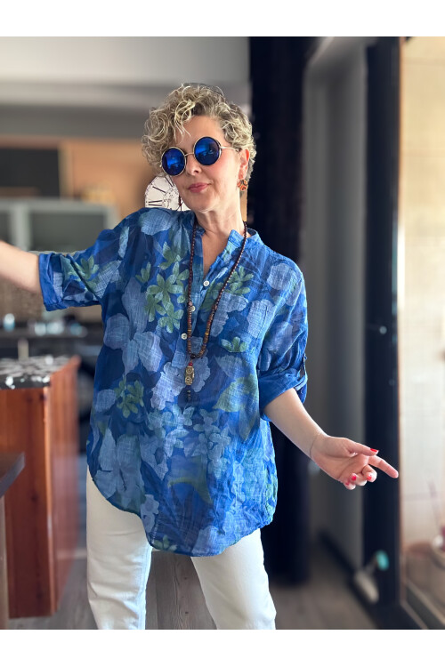 Netti Zambak Desen İtalyan Gömlek Saks