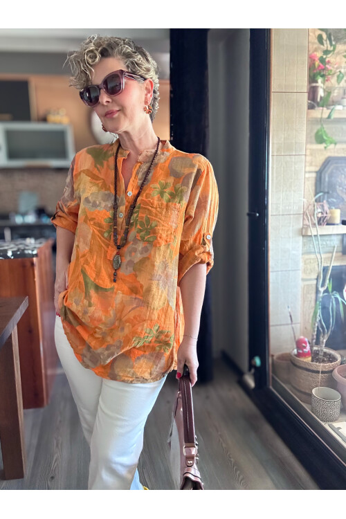 Netti Zambak Desen İtalyan Gömlek Turuncu