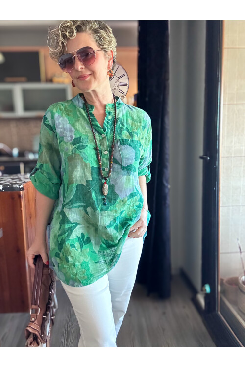 Netti Zambak Desen İtalyan Gömlek Yeşil