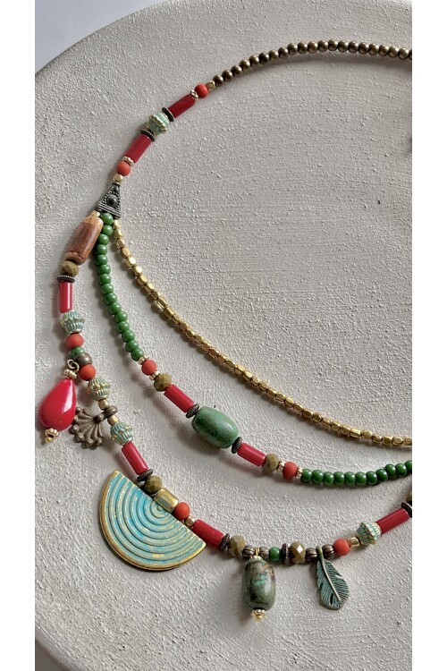 Nira Pirinç Cam Etnik Kolye