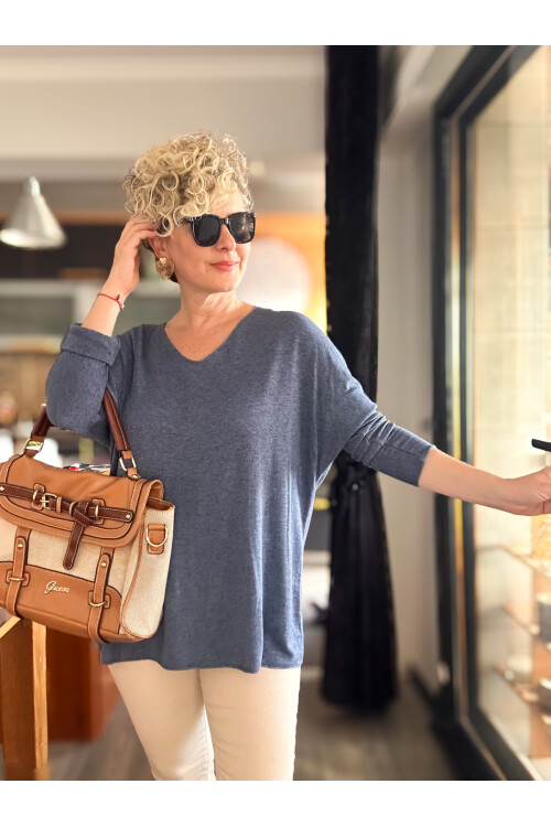 Nonna İthal V Yaka Angora Triko İndigo