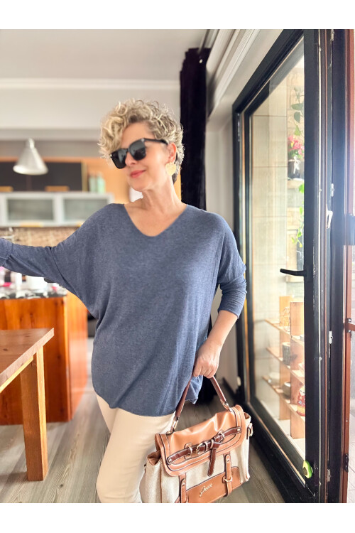 Nonna İthal V Yaka Angora Triko İndigo