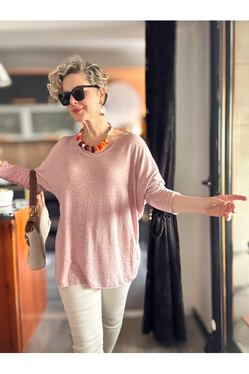 Nonna İthal V Yaka Tasarım Triko Pudra