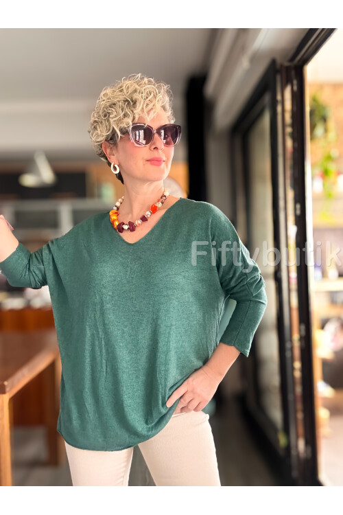 Nonna İthal V Yaka Tasarım Triko Zümrüt