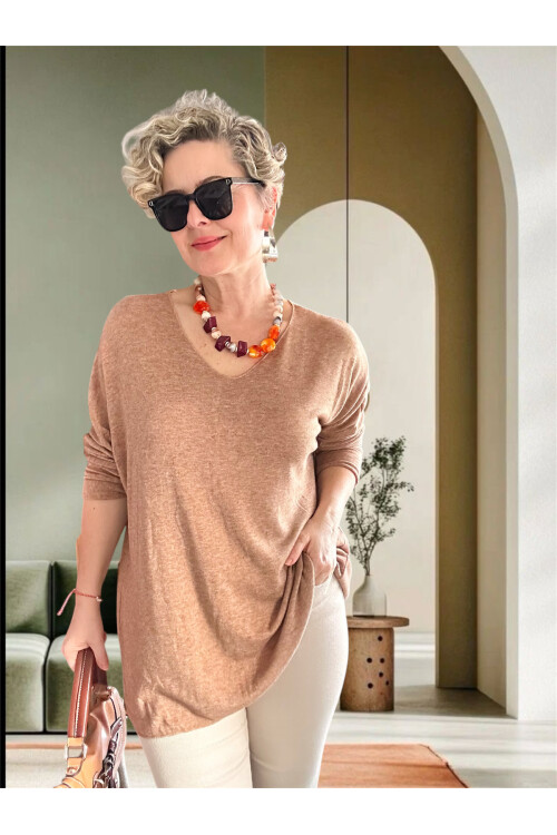 Nonna İthal V Yaka Tasarım Triko Camel