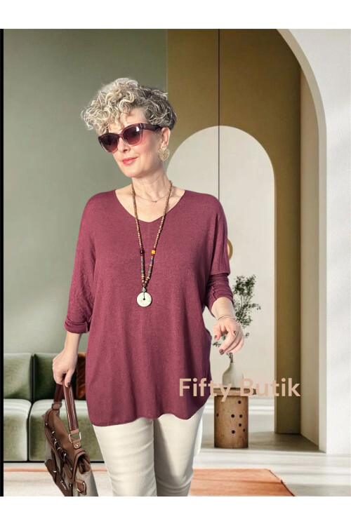 Nonna İthal V Yaka Tasarım Triko Mürdüm
