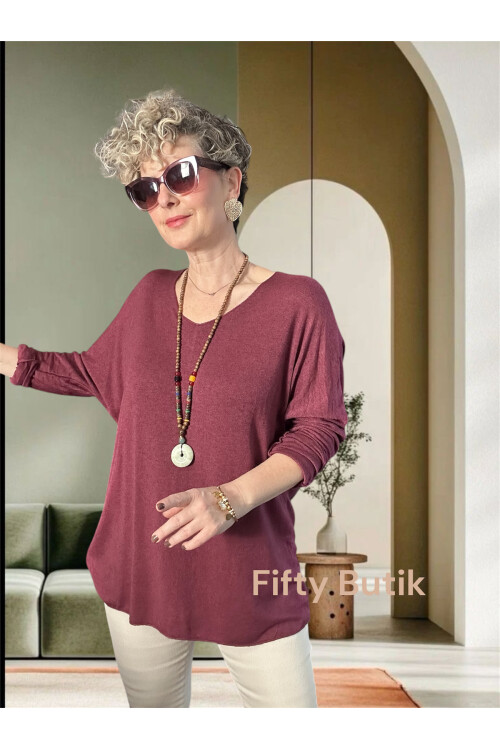 Nonna İthal V Yaka Tasarım Triko Mürdüm