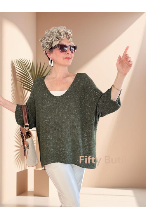 Otto İtalyan Sim Detay Triko Bluz Haki