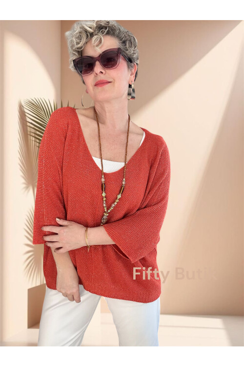 Otto İtalyan Sim Detay Triko Bluz Kiremit