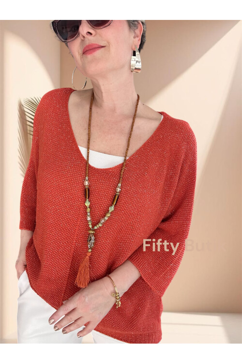 Otto İtalyan Sim Detay Triko Bluz Kiremit