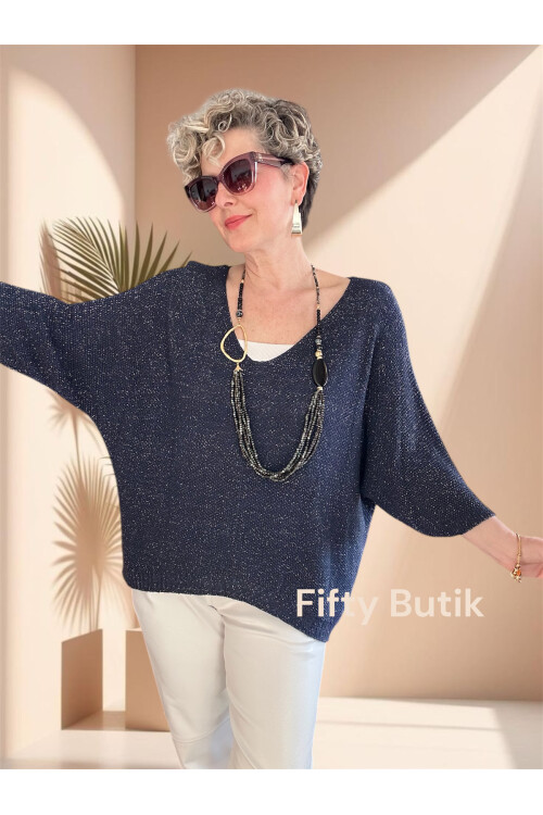 Otto İtalyan Sim Detay Triko Bluz Lacivert