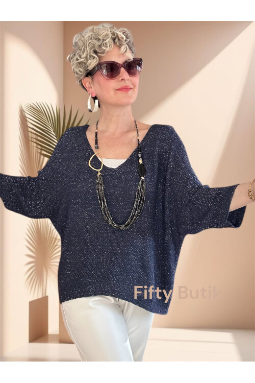 Otto İtalyan Sim Detay Triko Bluz Lacivert