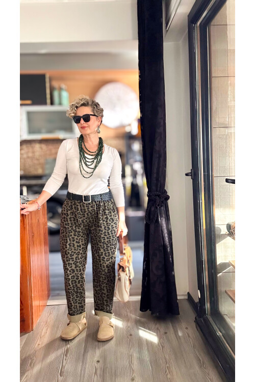 Oyyo İtalyan Deri Kemer Leopar Desen Pantolon Kahverengi