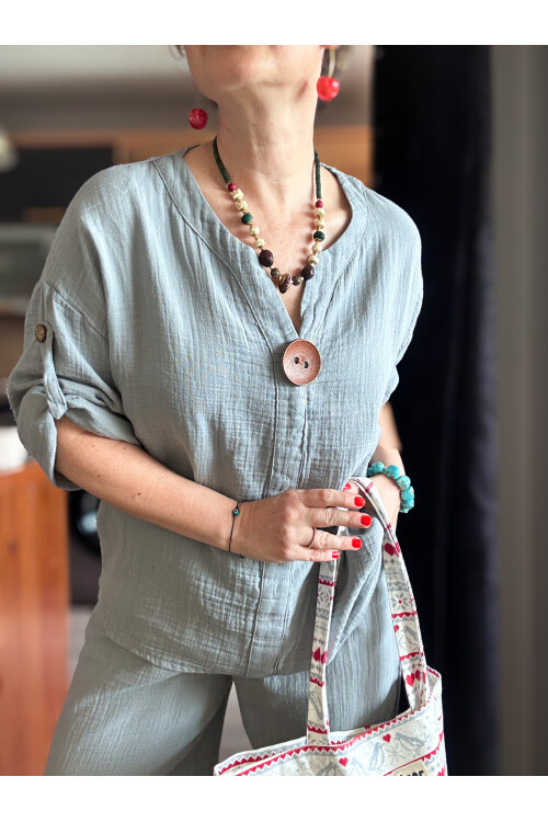 Passero Müslin Tahta Düğmeli Bluz Pantolon Takım Açık Gri