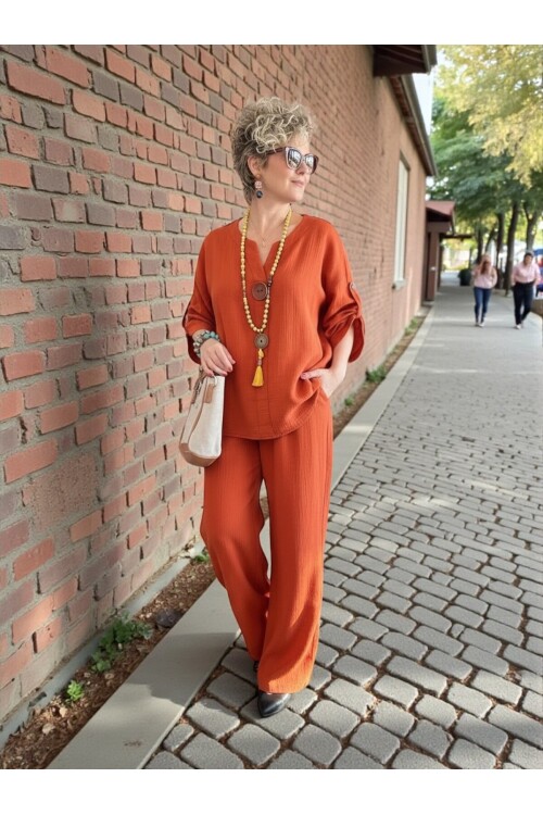 Passero Müslin Tahta Düğmeli Bluz Pantolon Takım Kiremit