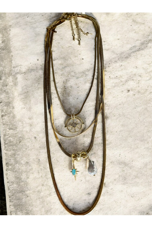 Pela Çelik Gold Çoklu Kolye