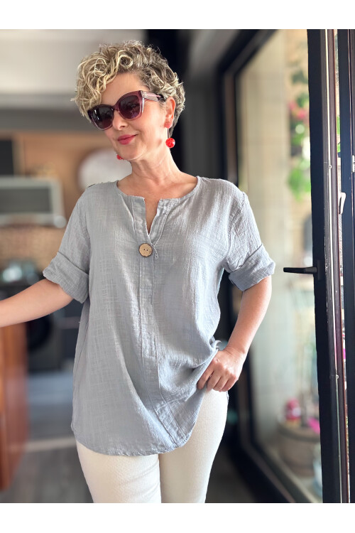 Peppino İtalyan Tahta Düğme Detay Bluz Açık Gri