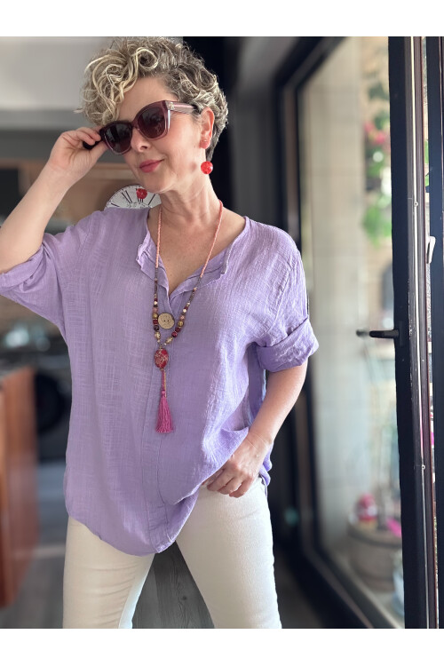 Peppino İtalyan Tahta Düğme Detay Bluz Eflatun