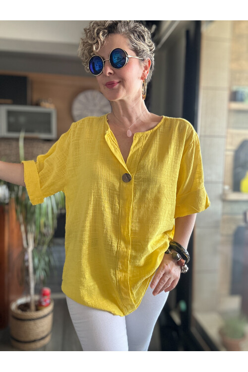 Peppino İtalyan Tahta Düğme Detay Bluz Sarı