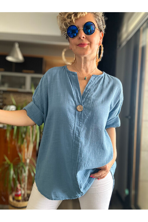 Peppino İtalyan Tahta Düğme Detay Bluz Gök Mavi