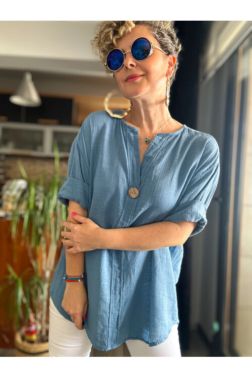Peppino İtalyan Tahta Düğme Detay Bluz Gök Mavi