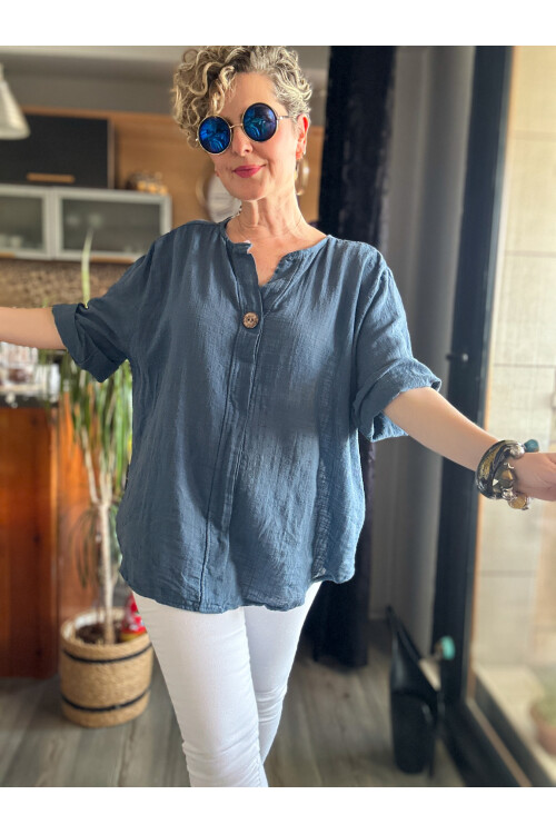 Peppino İtalyan Tahta Düğme Detay Bluz İndigo