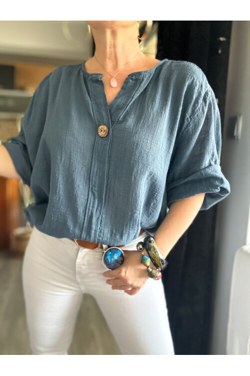 Peppino İtalyan Tahta Düğme Detay Bluz İndigo