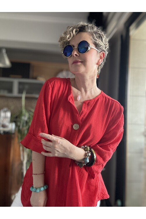 Peppino İtalyan Tahta Düğme Detay Bluz Kırmızı