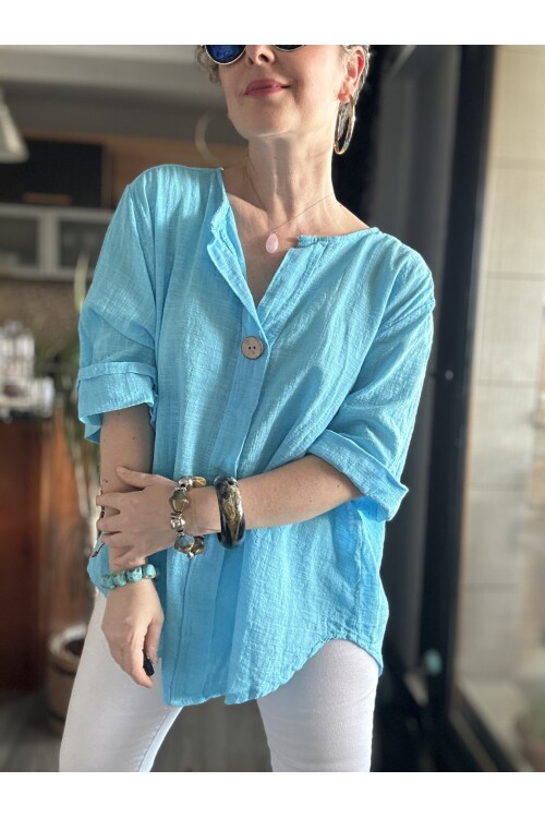 Peppino İtalyan Tahta Düğme Detay Bluz Turkuaz