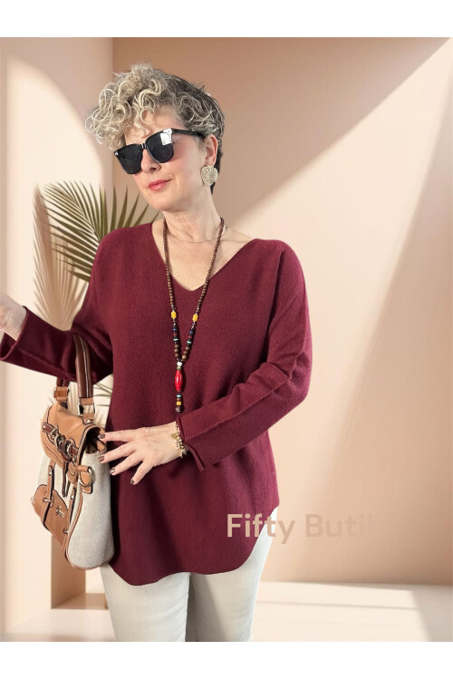 Piatti İtalyan V Yaka Yumoş Oval Triko Bordo