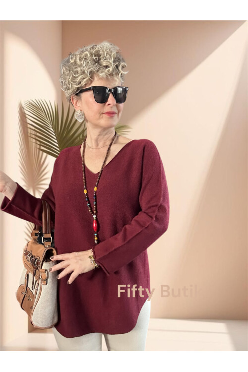 Piatti İtalyan V Yaka Yumoş Oval Triko Bordo