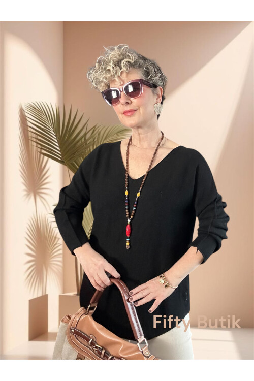 Piatti İtalyan V Yaka Yumoş Oval Triko Siyah