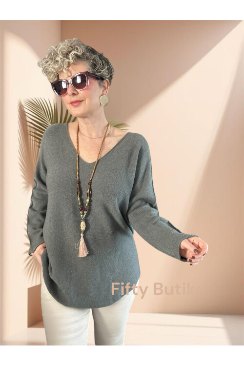 Piatti İtalyan V Yaka Yumoş Oval Triko Soft Haki