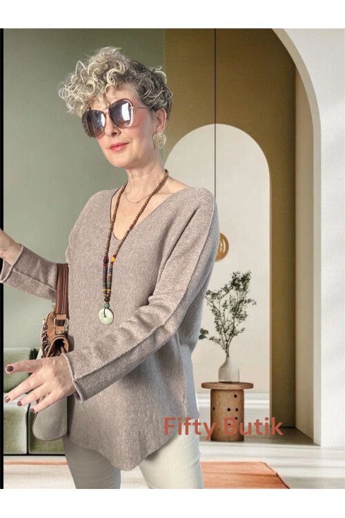 Piatti İtalyan V Yaka Yumoş Oval Triko Vizon