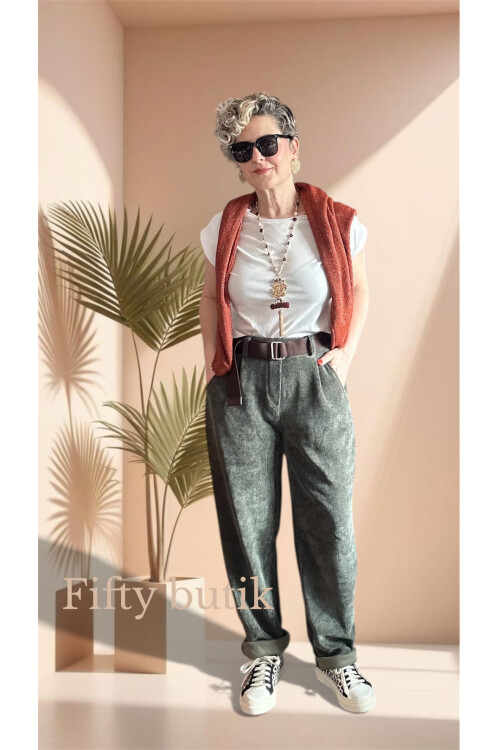 Pierro İtalyan Şönil Kemerli Havuç Pantolon Haki