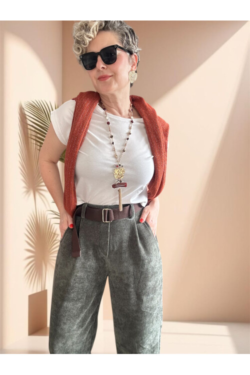 Pierro İtalyan Şönil Kemerli Havuç Pantolon Haki