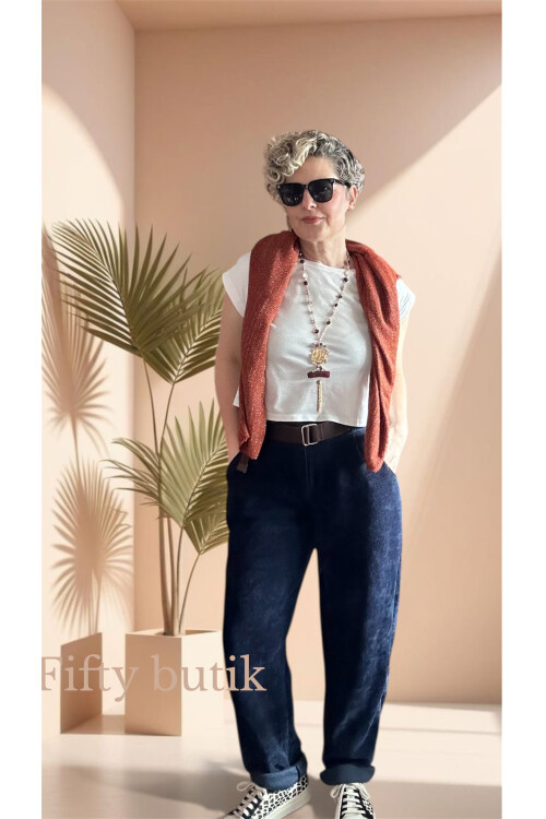 Pierro İtalyan Şönil Kemerli Havuç Pantolon Lacivert