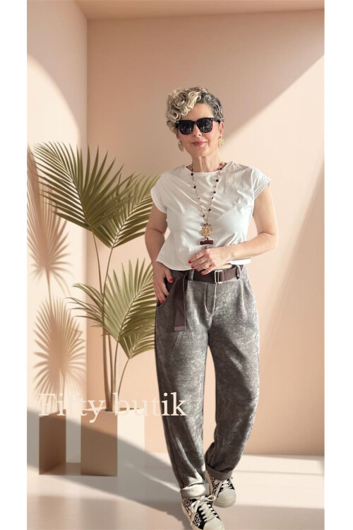 Pierro İtalyan Şönil Kemerli Havuç Pantolon Vizon