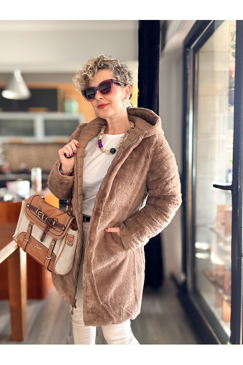 Ping İthal Çift Taraflı Anorak Peluş Uzun Mont Camel