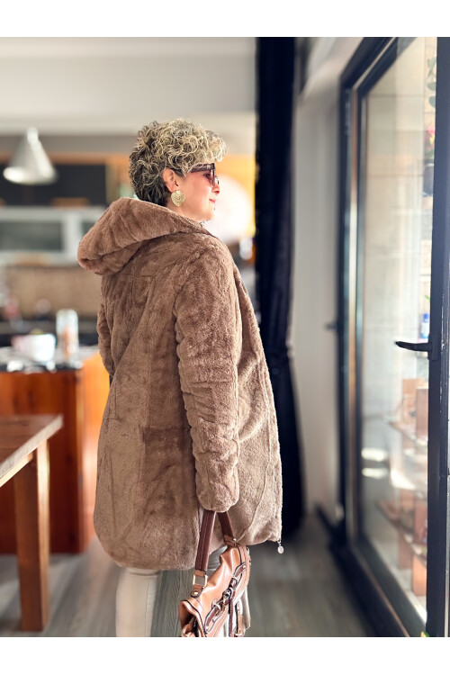 Ping İthal Çift Taraflı Anorak Peluş Uzun Mont Camel