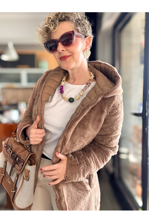 Ping İthal Çift Taraflı Anorak Peluş Uzun Mont Camel