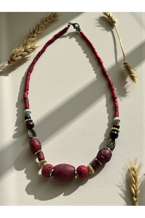 Ragis Pirinç Cam Etnik Kolye Kırmızı