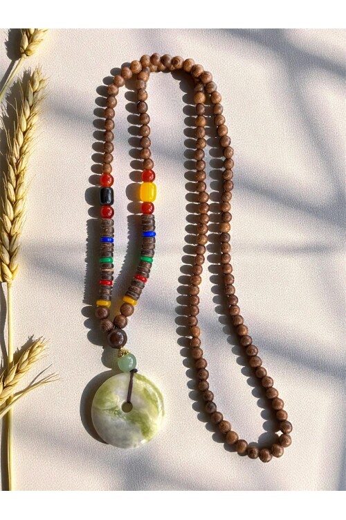 Raja Doğal Taş Etnik Cam Bambu Kolye Mint